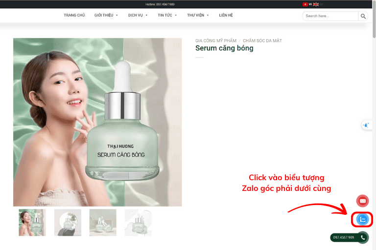 Khách hàng click vào nút Zalo bên dưới cùng góc phải màn hình
